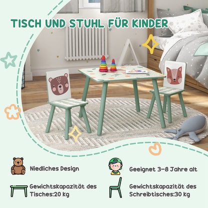 ZONEKIZ Children's Table with 2 Chairs, 3-piece height-adjustable children's seating group made of wood with cute animal motif seating for children children's furniture for children's rooms, kindergartens, 60 x 60 x 44 cm Green