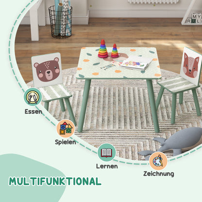 ZONEKIZ Children's Table with 2 Chairs, 3-piece height-adjustable children's seating group made of wood with cute animal motif seating for children children's furniture for children's rooms, kindergartens, 60 x 60 x 44 cm Green