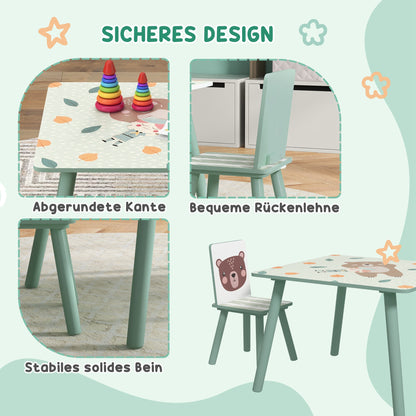 ZONEKIZ Children's Table with 2 Chairs, 3-piece height-adjustable children's seating group made of wood with cute animal motif seating for children children's furniture for children's rooms, kindergartens, 60 x 60 x 44 cm Green