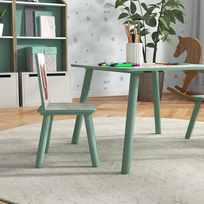 ZONEKIZ Children's Table with 2 Chairs, 3-piece height-adjustable children's seating group made of wood with cute animal motif seating for children children's furniture for children's rooms, kindergartens, 60 x 60 x 44 cm Green