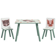 ZONEKIZ Children's Table with 2 Chairs, 3-piece height-adjustable children's seating group made of wood with cute animal motif seating for children children's furniture for children's rooms, kindergartens, 60 x 60 x 44 cm Green