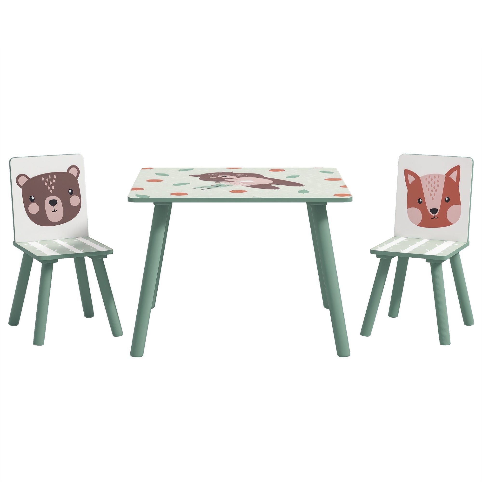 ZONEKIZ Children's Table with 2 Chairs, 3-piece height-adjustable children's seating group made of wood with cute animal motif seating for children children's furniture for children's rooms, kindergartens, 60 x 60 x 44 cm Green