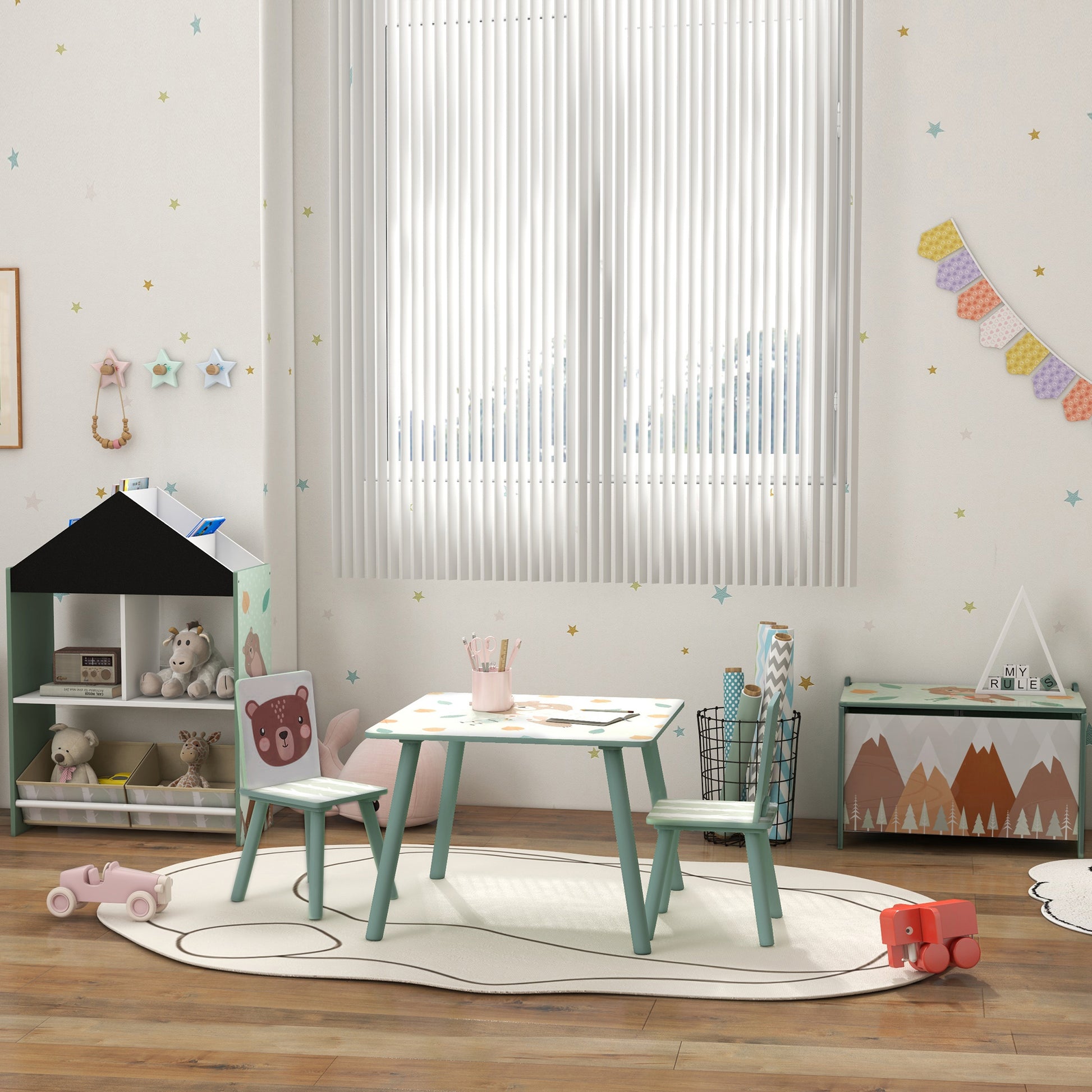 ZONEKIZ Children's Table with 2 Chairs, 3-piece height-adjustable children's seating group made of wood with cute animal motif seating for children children's furniture for children's rooms, kindergartens, 60 x 60 x 44 cm Green