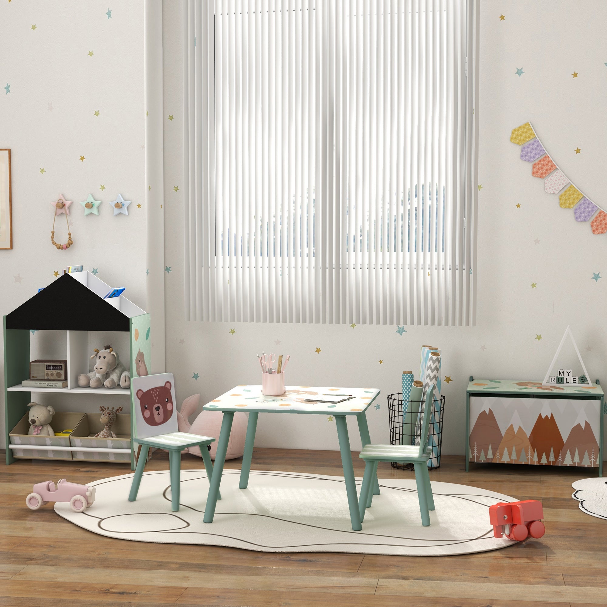 ZONEKIZ Children's Table with 2 Chairs, 3-piece height-adjustable children's seating group made of wood with cute animal motif seating for children children's furniture for children's rooms, kindergartens, 60 x 60 x 44 cm Green