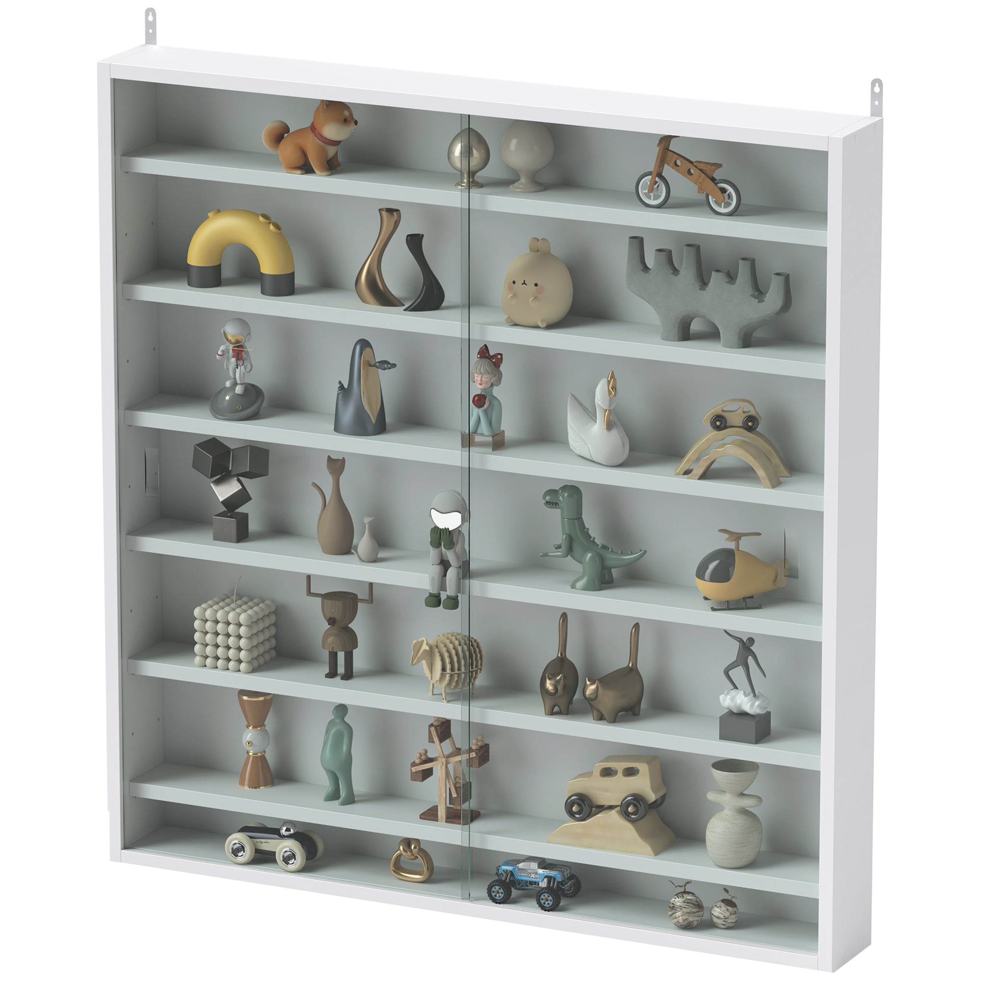 Wall Display Cabinet for Collectibles, 31.5 x 3.7 x 32.7 in, 6 Adjustable Shelves, 2 Glass Sliding Doors, White — For Figurines & Model Cars