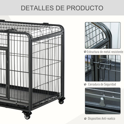 Folding Metal Dog Crate for Large Dogs 109.5x71x78 cm with Wheels and Brakes Removable Tray and Door with Latches for Golden Retriever Labrador Dark Gray