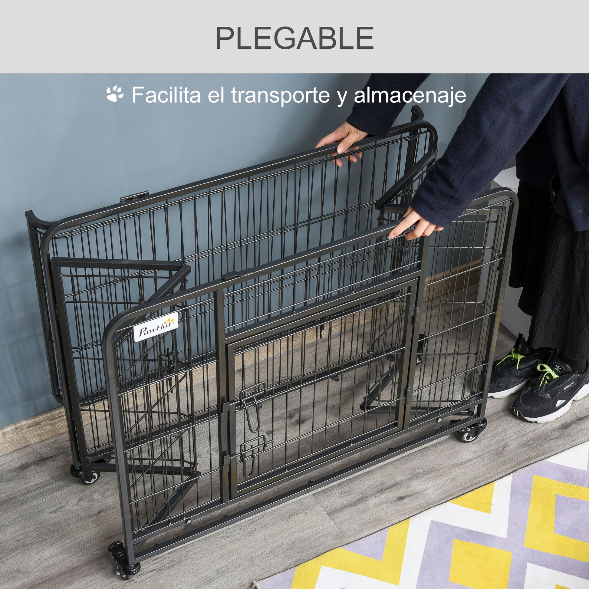 Folding Metal Dog Crate for Large Dogs 109.5x71x78 cm with Wheels and Brakes Removable Tray and Door with Latches for Golden Retriever Labrador Dark Gray