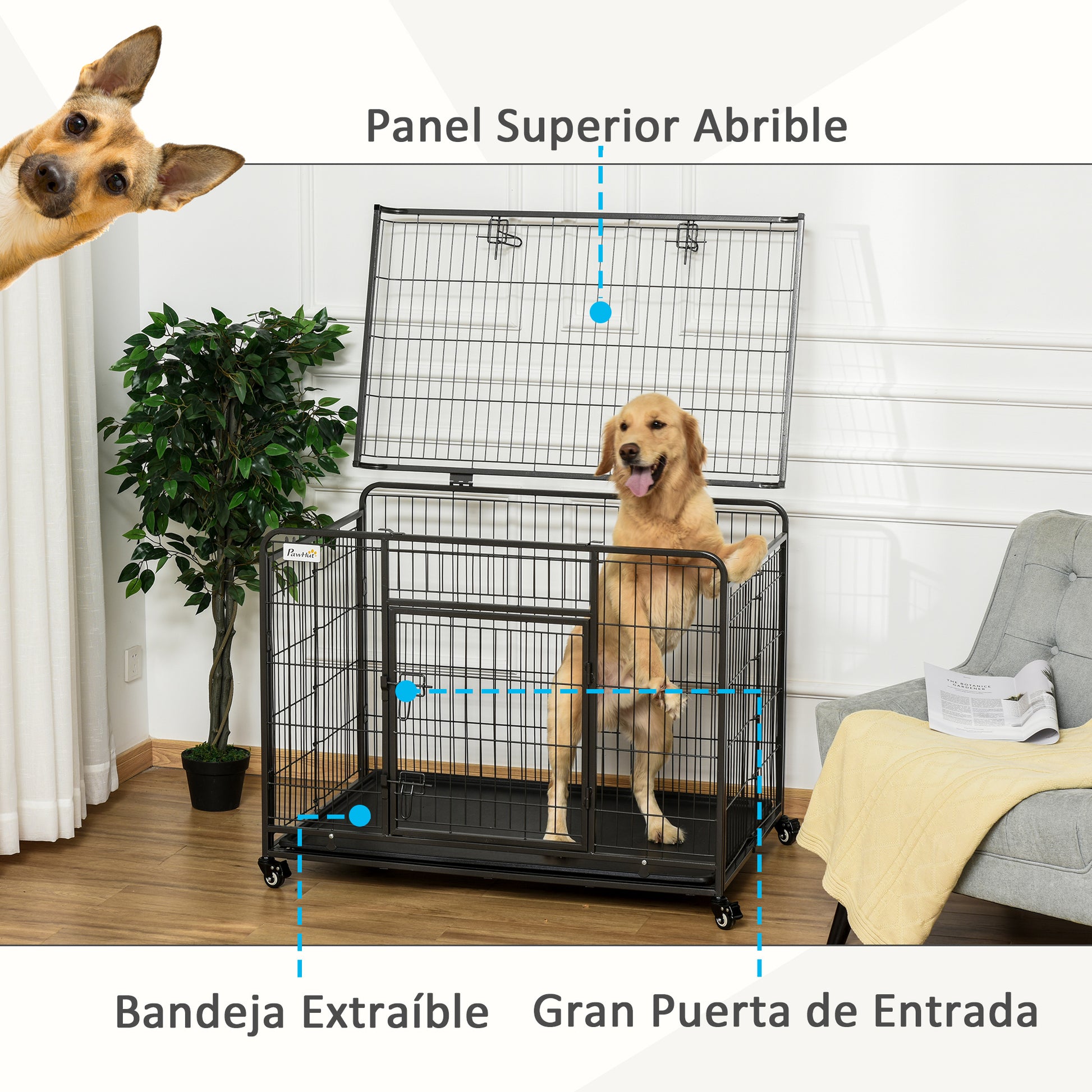 Folding Metal Dog Crate for Large Dogs 109.5x71x78 cm with Wheels and Brakes Removable Tray and Door with Latches for Golden Retriever Labrador Dark Gray