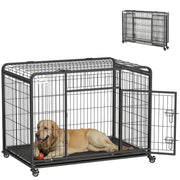 Folding Metal Dog Crate for Large Dogs 109.5x71x78 cm with Wheels and Brakes Removable Tray and Door with Latches for Golden Retriever Labrador Dark Gray