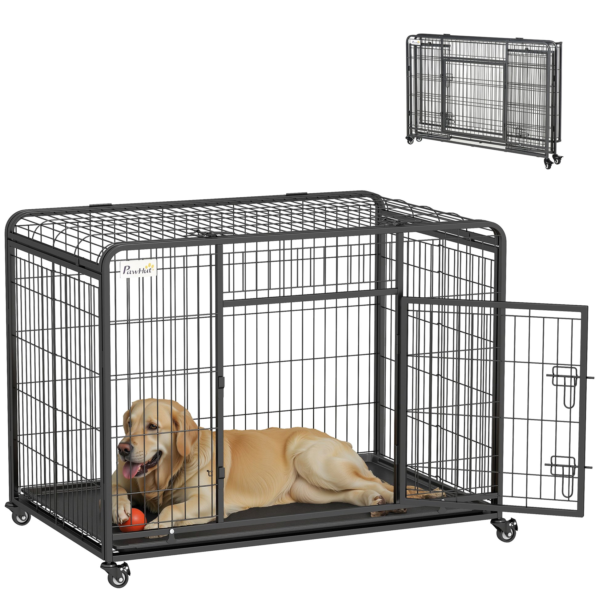 Folding Metal Dog Crate for Large Dogs 109.5x71x78 cm with Wheels and Brakes Removable Tray and Door with Latches for Golden Retriever Labrador Dark Gray