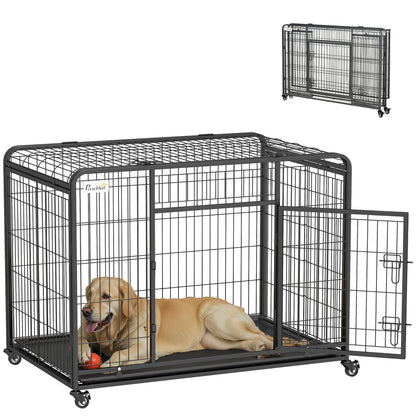 Folding Metal Dog Crate for Large Dogs 109.5x71x78 cm with Wheels and Brakes Removable Tray and Door with Latches for Golden Retriever Labrador Dark Gray