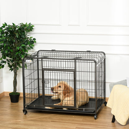 Folding Metal Dog Crate for Large Dogs 109.5x71x78 cm with Wheels and Brakes Removable Tray and Door with Latches for Golden Retriever Labrador Dark Gray