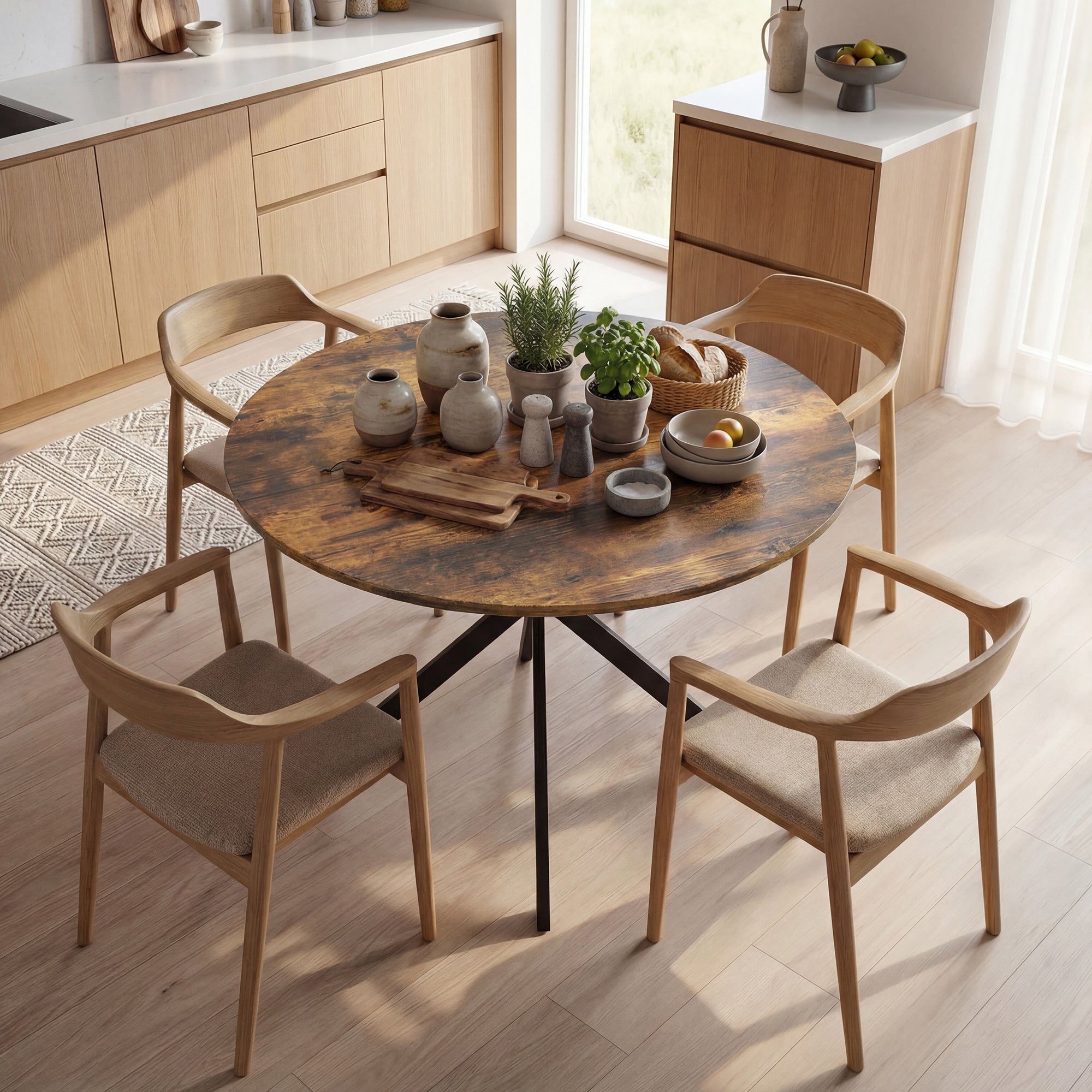 Round Dining Table for 4, Ø100 cm Industrial Kitchen Table with Steel X-Legs, Rustic Brown