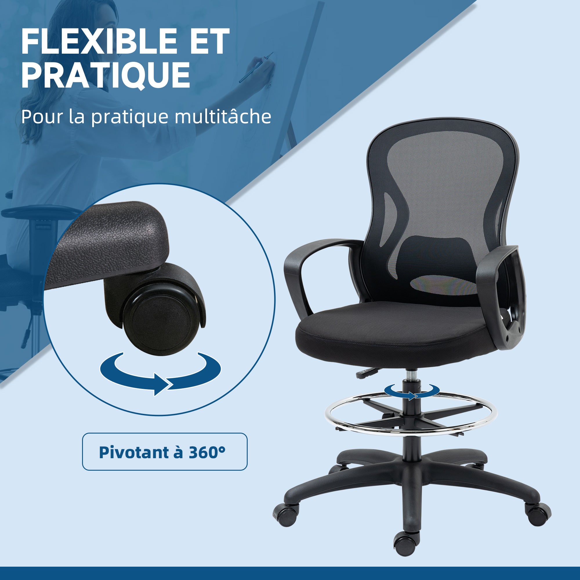 Office Chair High-Back Adjustable Office Chair Dimensions 59W x 65D x 124H cm 360° Swivel Breathable Black Mesh