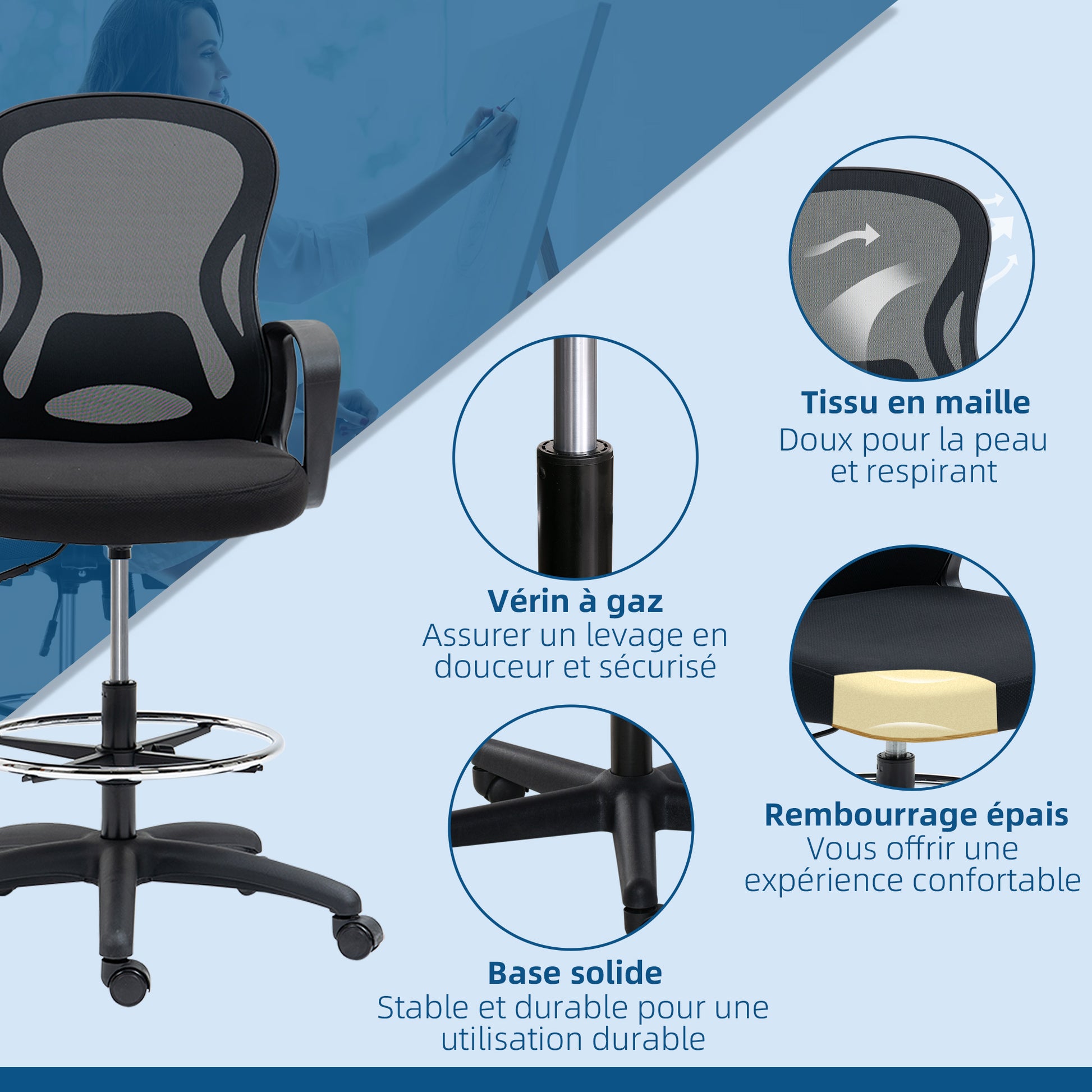 Office Chair High-Back Adjustable Office Chair Dimensions 59W x 65D x 124H cm 360° Swivel Breathable Black Mesh