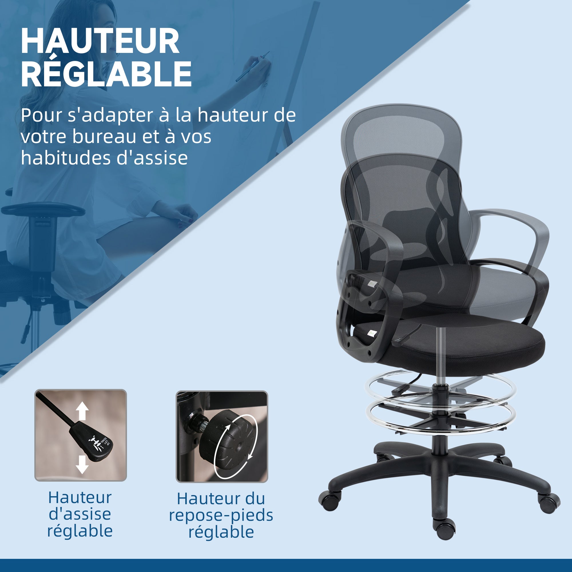 Office Chair High-Back Adjustable Office Chair Dimensions 59W x 65D x 124H cm 360° Swivel Breathable Black Mesh