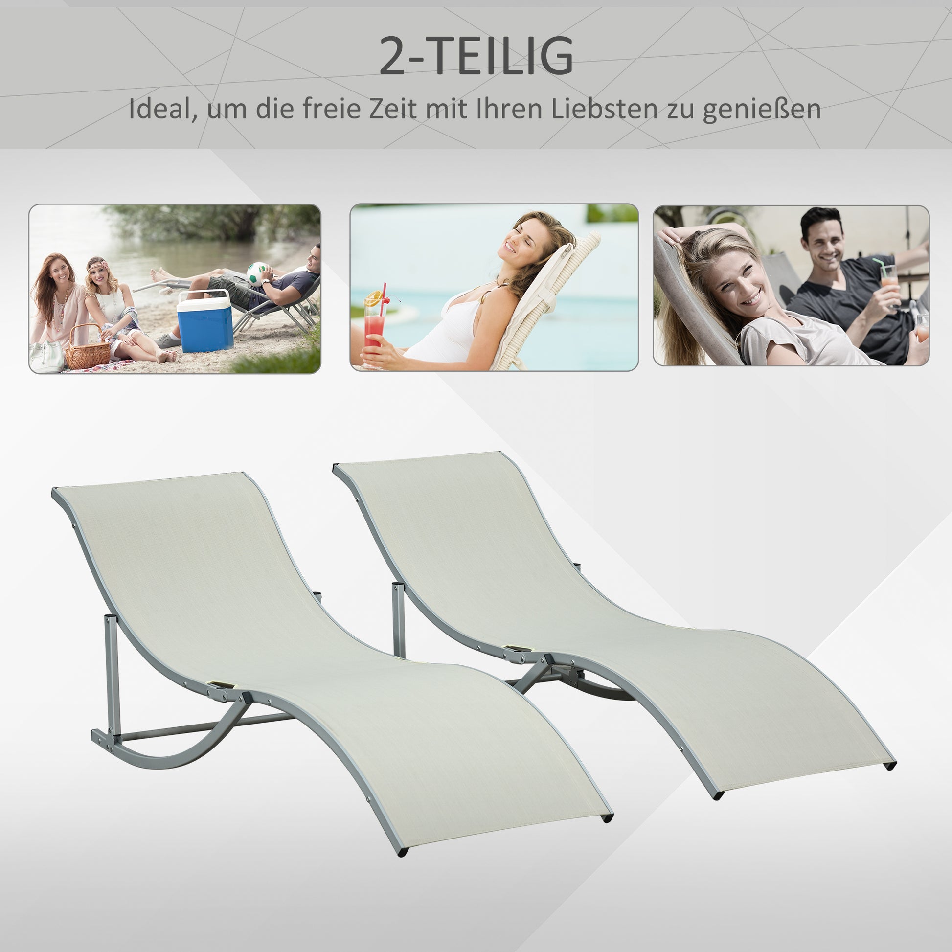2-Pack Sun Lounger Garden Chairs Fabric Lounger Relax Chair Ergonomic Aluminum Texteline Beige 165 x 61 x 63 cm