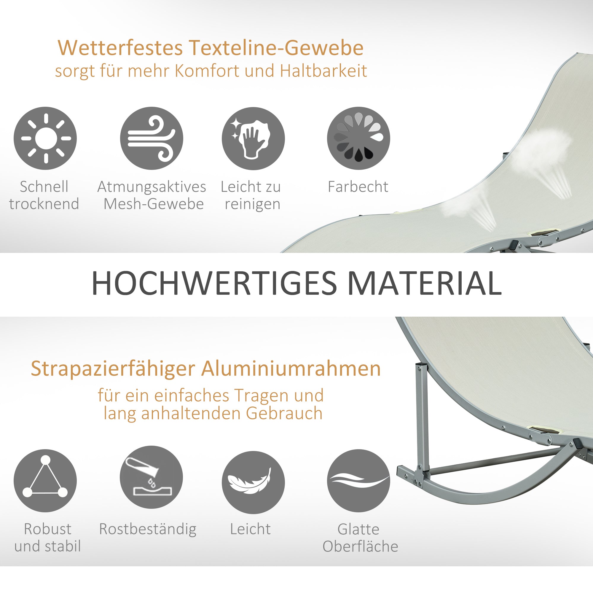 2-Pack Sun Lounger Garden Chairs Fabric Lounger Relax Chair Ergonomic Aluminum Texteline Beige 165 x 61 x 63 cm