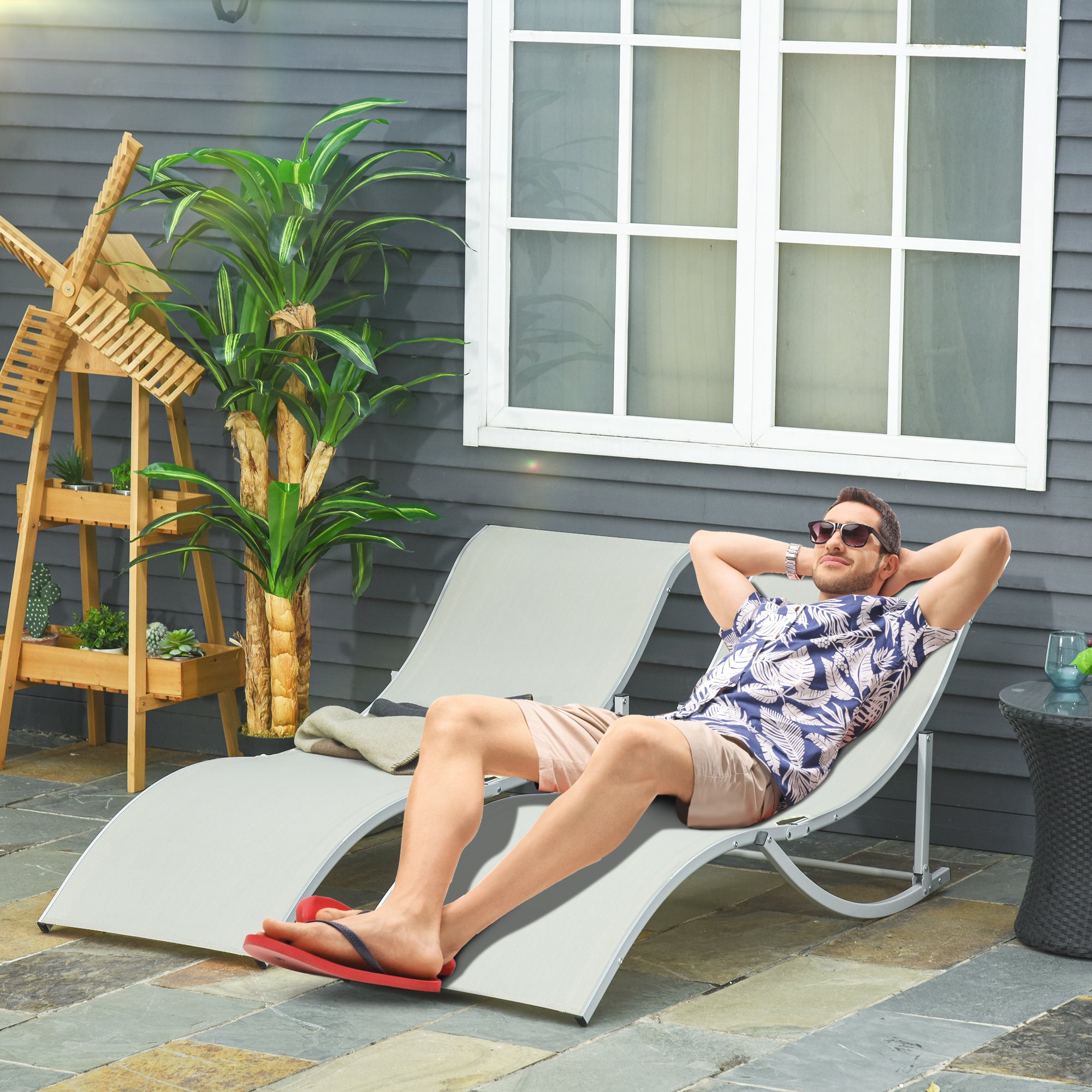 2-Pack Sun Lounger Garden Chairs Fabric Lounger Relax Chair Ergonomic Aluminum Texteline Beige 165 x 61 x 63 cm