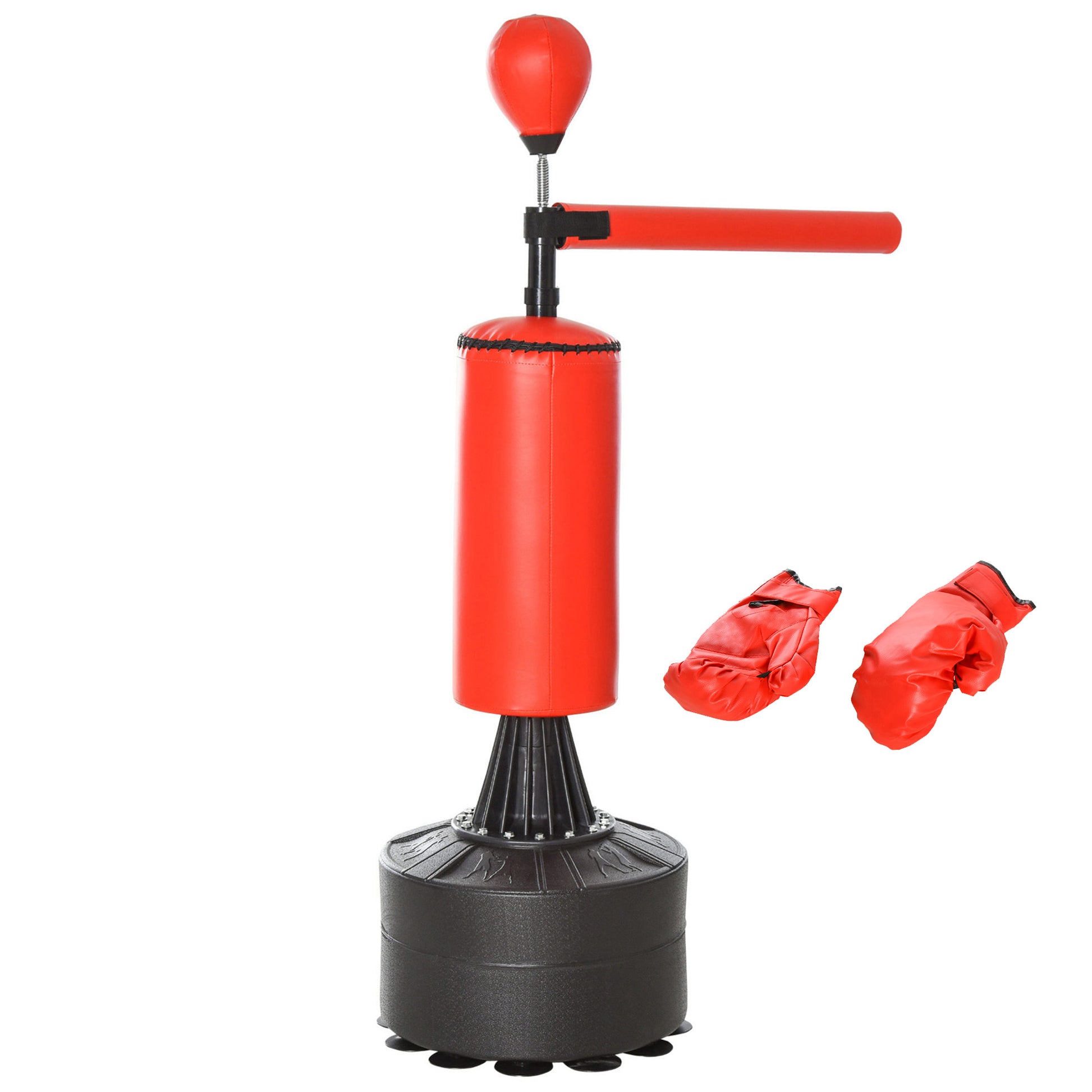 Standing Punching Bag Boxing Training Equipment with Reflex Ball, 360° Rotating Bar, Suction Cup Base, Fillable with Sand/Water, Standing Boxing Assistant with Gloves, Air Pump Training Punching Bag 88 x 48 x 155-205 cm