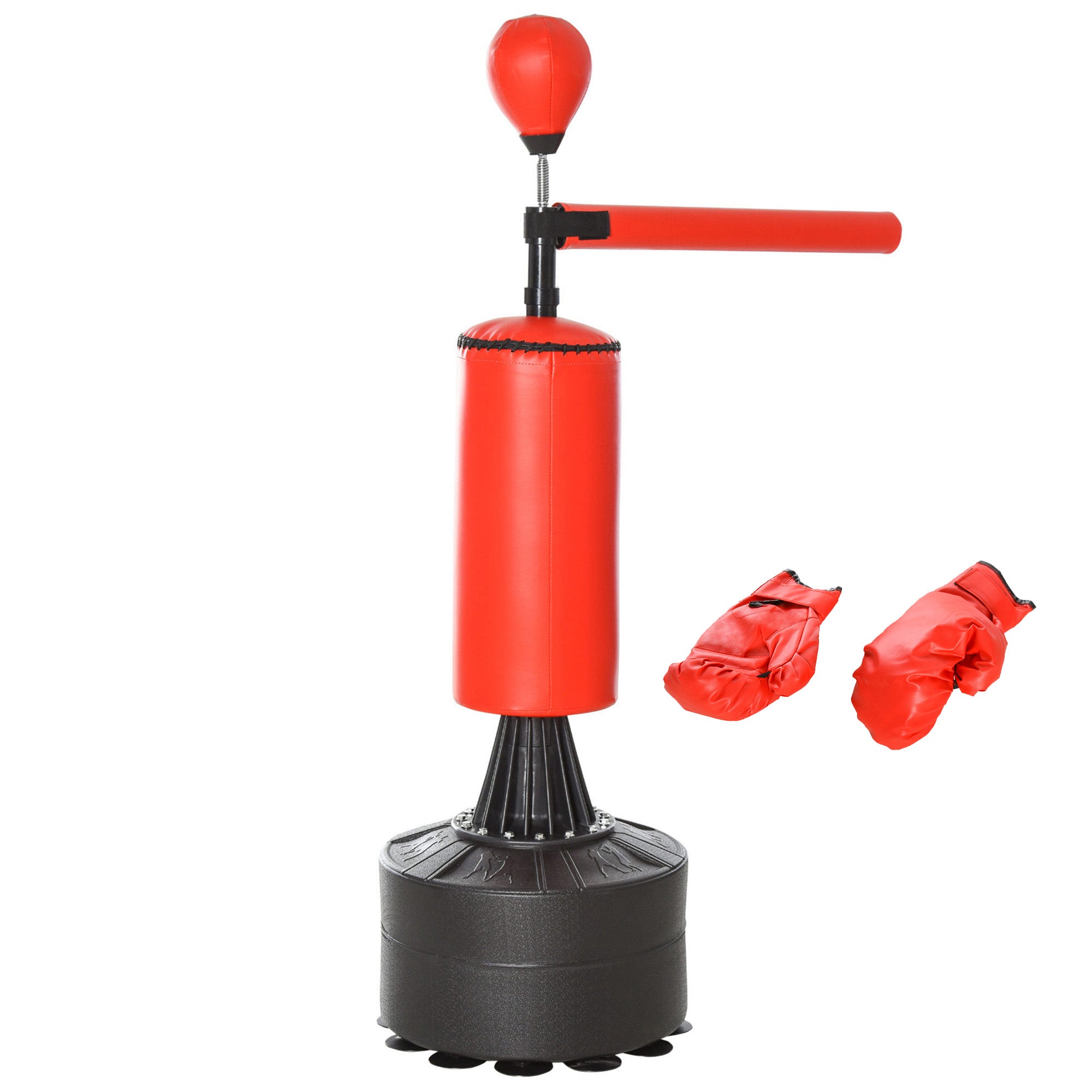 Standing Punching Bag Boxing Training Equipment with Reflex Ball, 360° Rotating Bar, Suction Cup Base, Fillable with Sand/Water, Standing Boxing Assistant with Gloves, Air Pump Training Punching Bag 88 x 48 x 155-205 cm