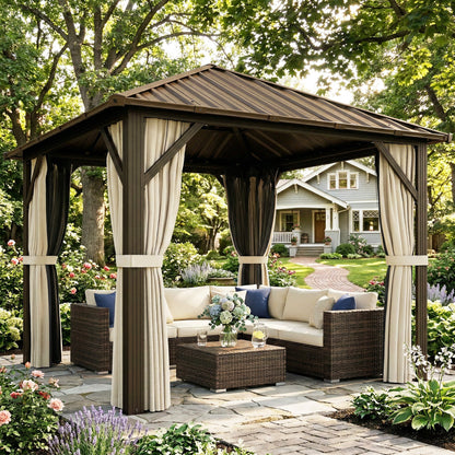 Garden Gazebo ~3 x 3 m Aluminum Gazebo with Steel Hardtop, Mosquito Nets & 4 Side Curtains, UPF50+, Water-Resistant, Stable Outdoor Pergola with Ceiling Hook for Garden & Patio, Brown