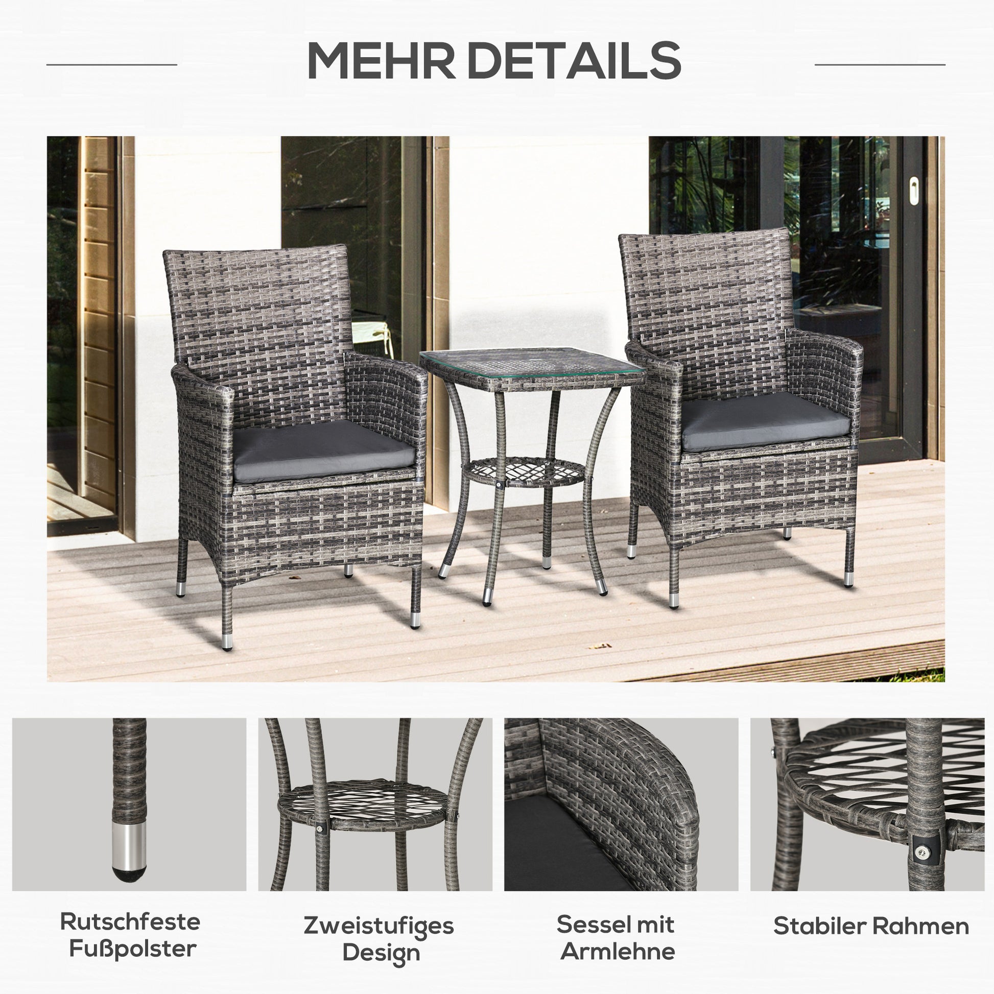 Poly Rattan Garden Furniture Set, Outdoor Lounge Balcony Furniture for 2 People, 3-Piece Seating Group, 2 Chairs, Table Seat Cushion, Garden Lounge for Garden, Terrace, Balcony, Dark Gray