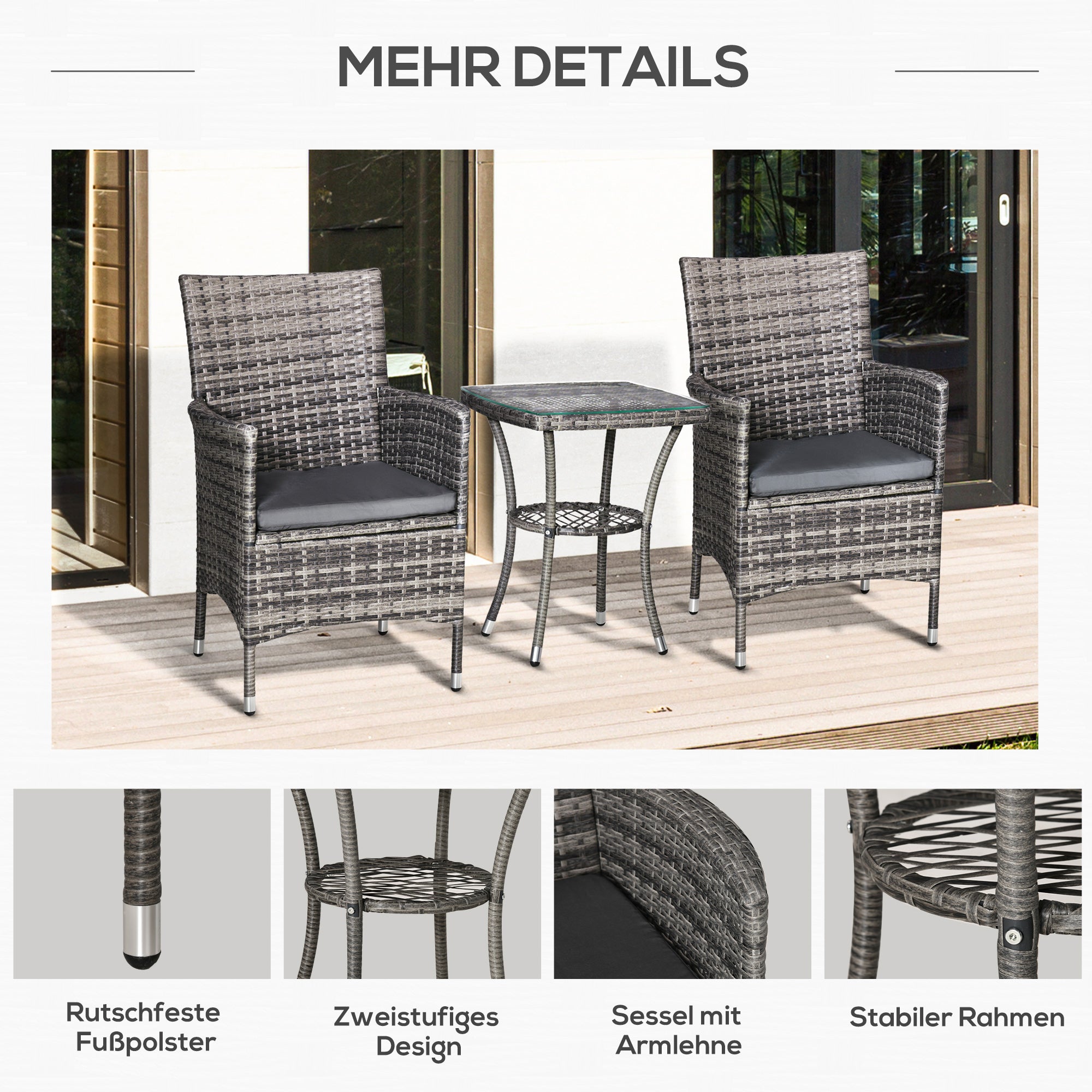 Poly Rattan Garden Furniture Set, Outdoor Lounge Balcony Furniture for 2 People, 3-Piece Seating Group, 2 Chairs, Table Seat Cushion, Garden Lounge for Garden, Terrace, Balcony, Dark Gray