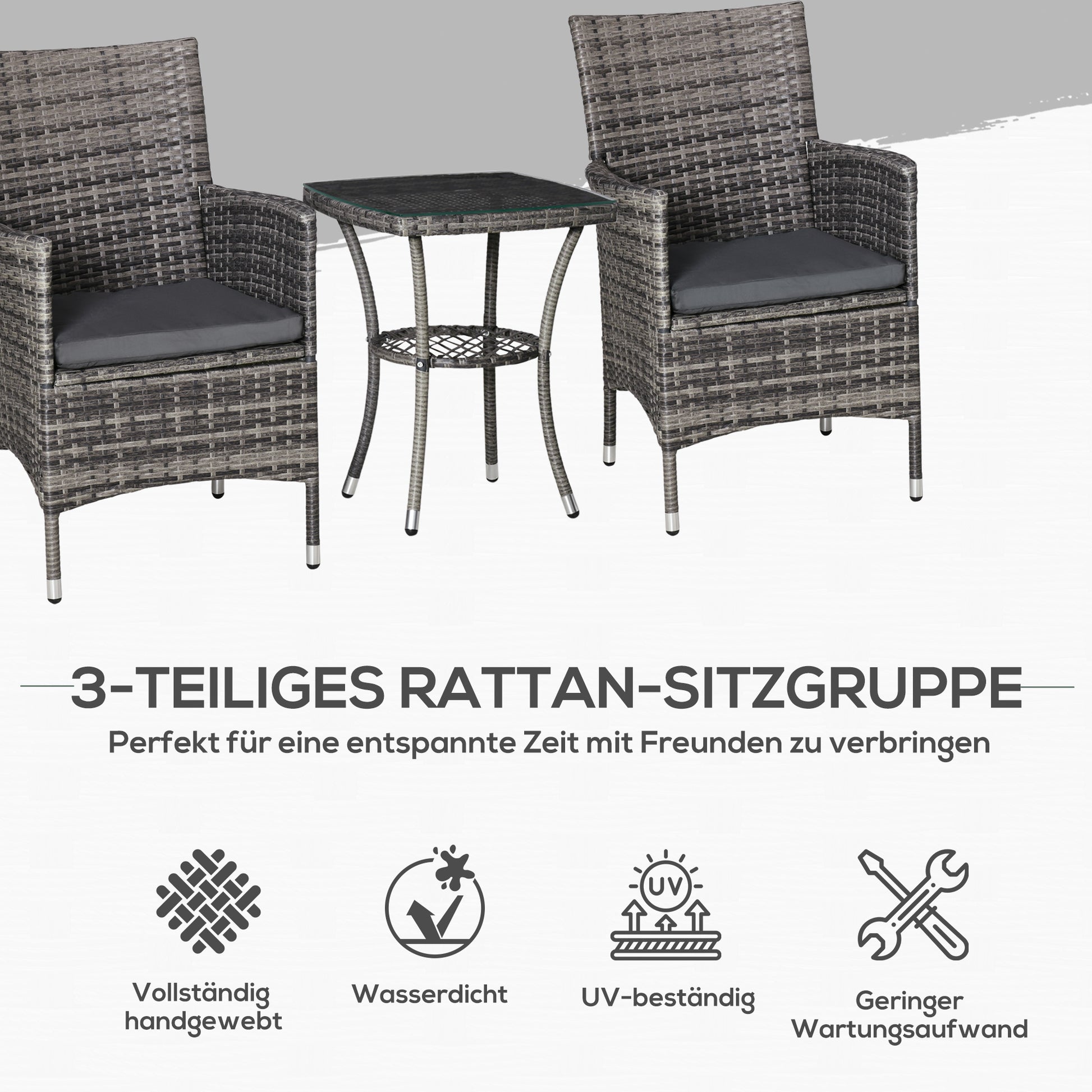 Poly Rattan Garden Furniture Set, Outdoor Lounge Balcony Furniture for 2 People, 3-Piece Seating Group, 2 Chairs, Table Seat Cushion, Garden Lounge for Garden, Terrace, Balcony, Dark Gray