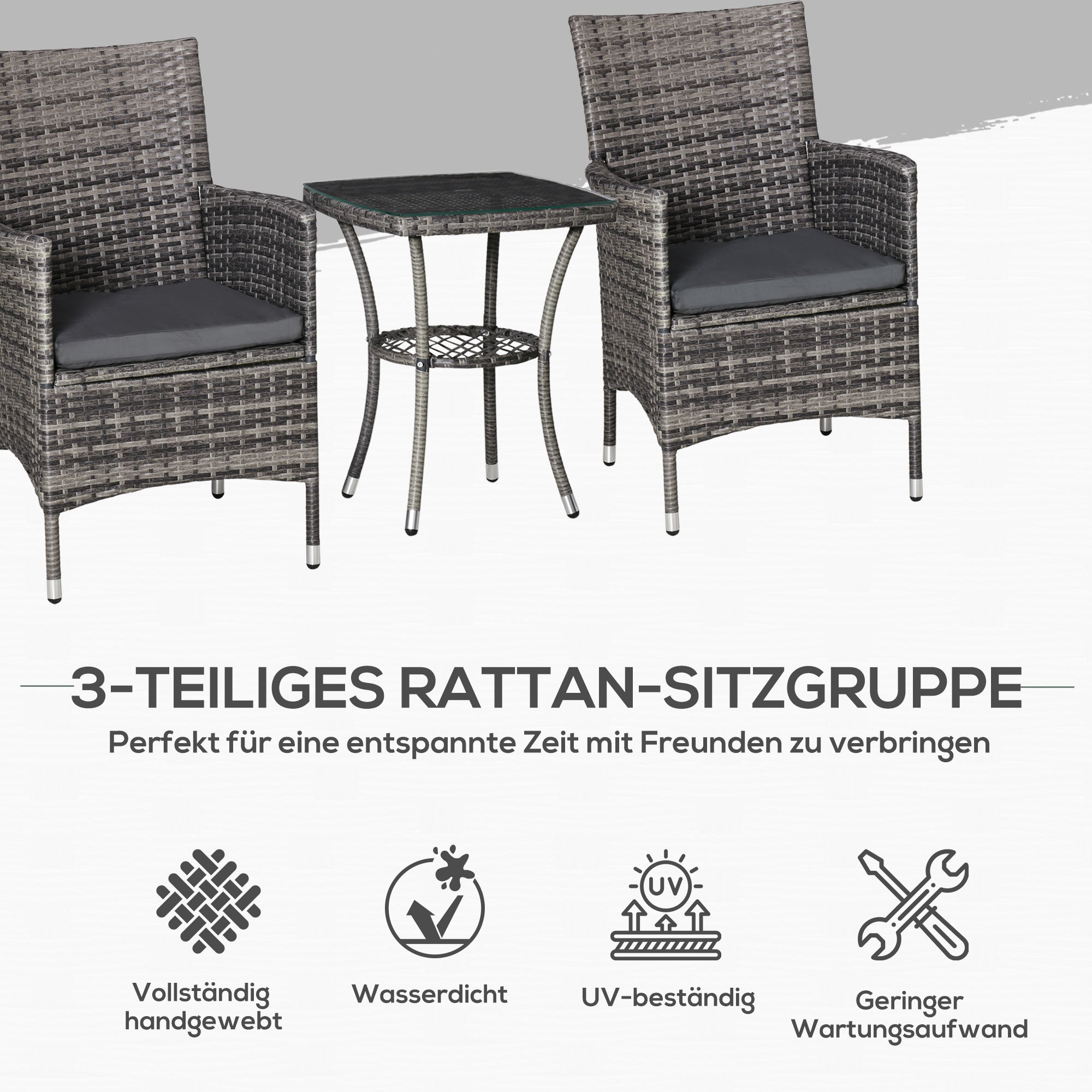 Poly Rattan Garden Furniture Set, Outdoor Lounge Balcony Furniture for 2 People, 3-Piece Seating Group, 2 Chairs, Table Seat Cushion, Garden Lounge for Garden, Terrace, Balcony, Dark Gray