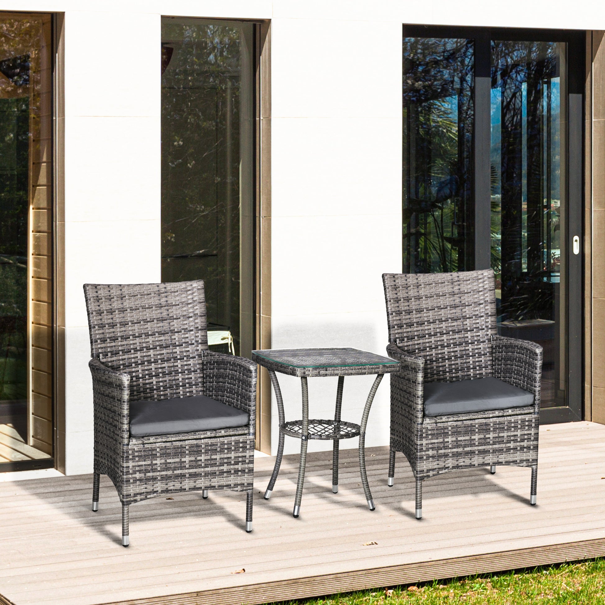 Poly Rattan Garden Furniture Set, Outdoor Lounge Balcony Furniture for 2 People, 3-Piece Seating Group, 2 Chairs, Table Seat Cushion, Garden Lounge for Garden, Terrace, Balcony, Dark Gray
