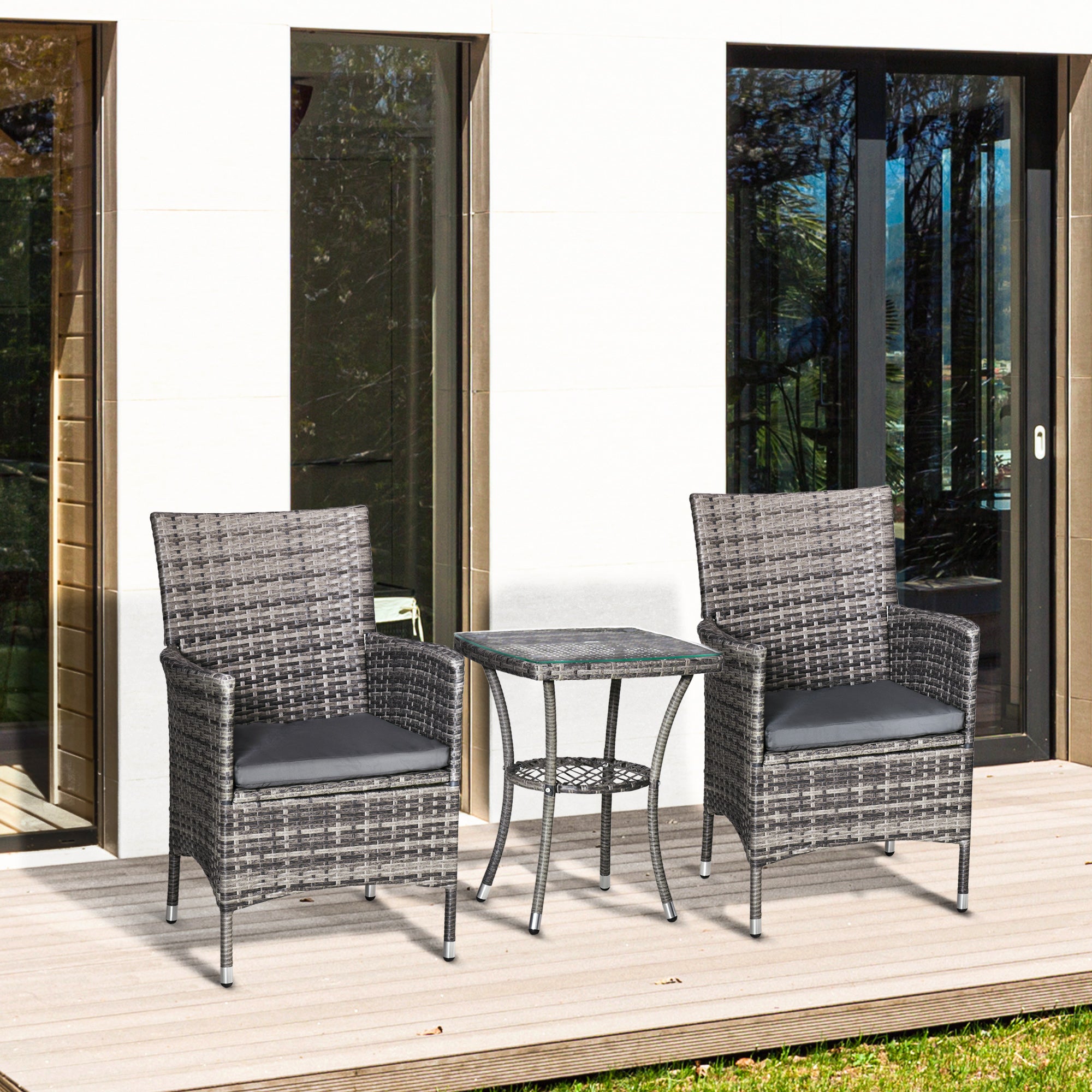 Poly Rattan Garden Furniture Set, Outdoor Lounge Balcony Furniture for 2 People, 3-Piece Seating Group, 2 Chairs, Table Seat Cushion, Garden Lounge for Garden, Terrace, Balcony, Dark Gray