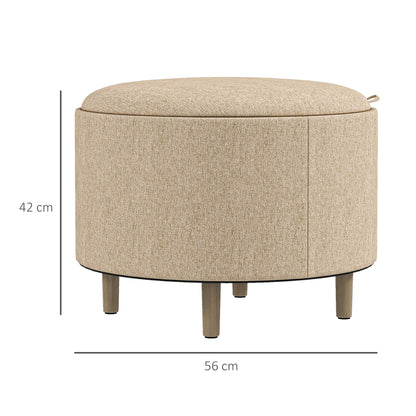 Round Ottoman Footstool with Storage Chest, Reversible Tray, 3 in 1 furniture, linen covering, solid wood legs, beige