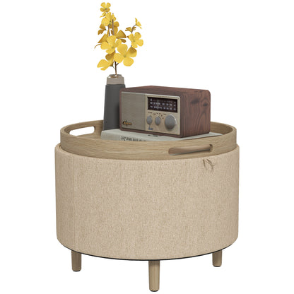 Round Ottoman Footstool with Storage Chest, Reversible Tray, 3 in 1 furniture, linen covering, solid wood legs, beige