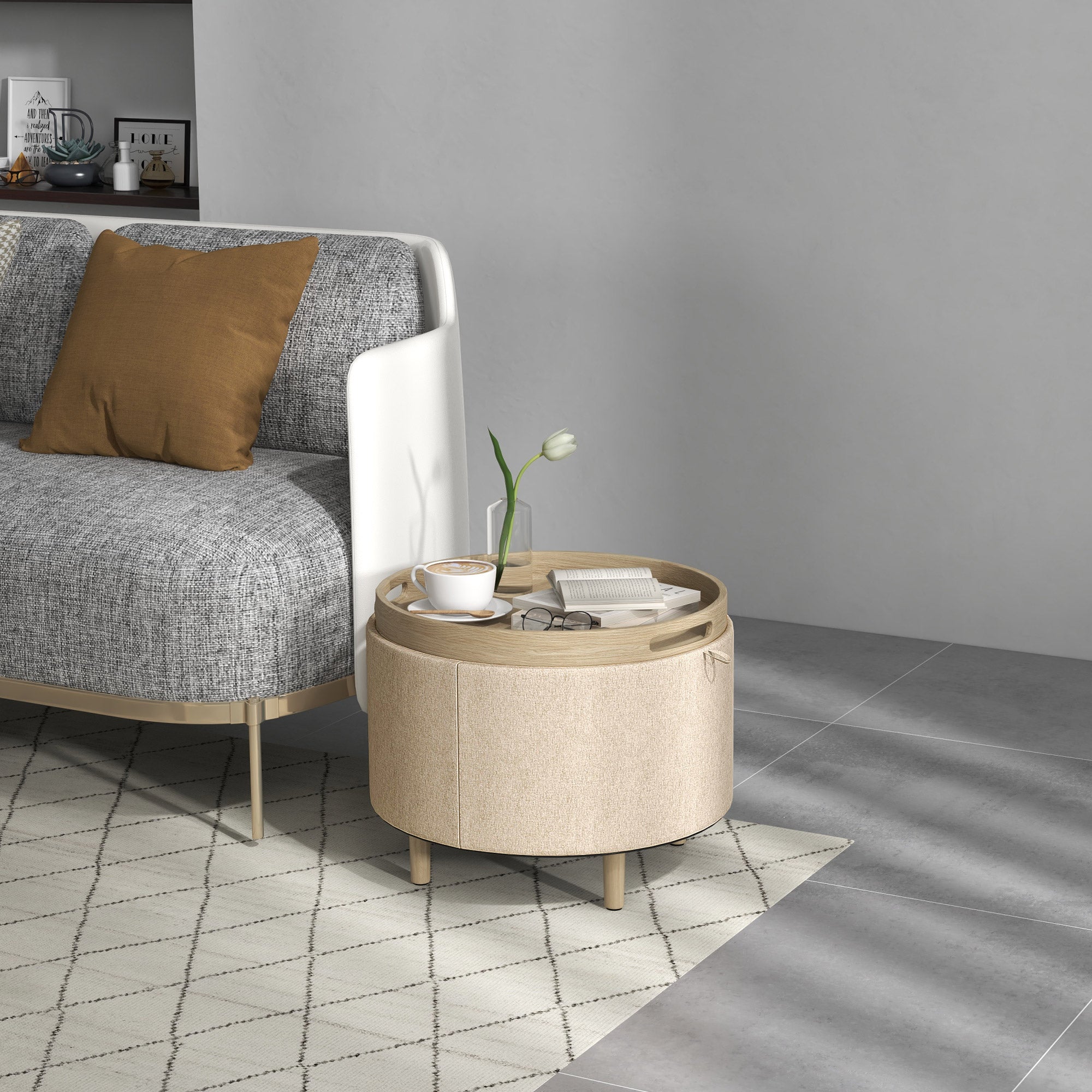 Round Ottoman Footstool with Storage Chest, Reversible Tray, 3 in 1 furniture, linen covering, solid wood legs, beige