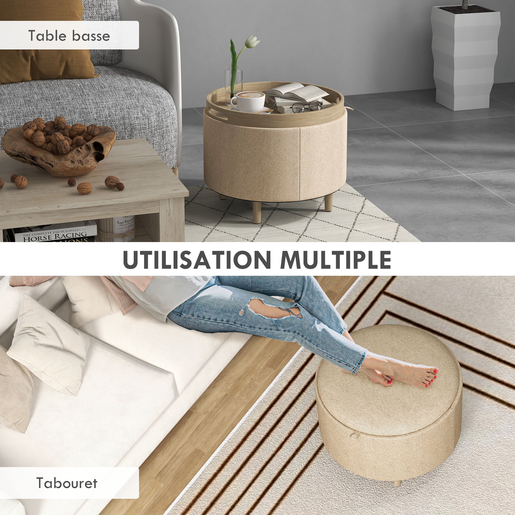 Round Ottoman Footstool with Storage Chest, Reversible Tray, 3 in 1 furniture, linen covering, solid wood legs, beige