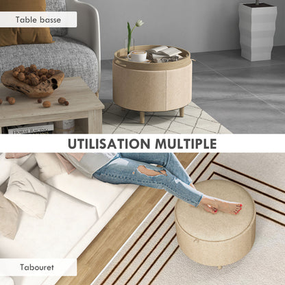 Round Ottoman Footstool with Storage Chest, Reversible Tray, 3 in 1 furniture, linen covering, solid wood legs, beige