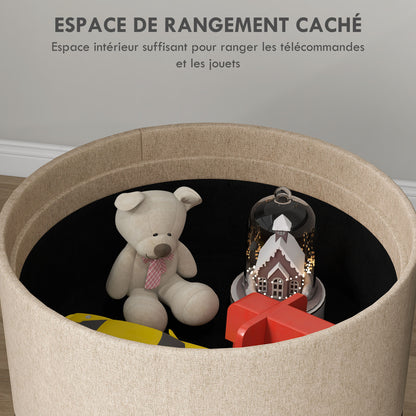 Round Ottoman Footstool with Storage Chest, Reversible Tray, 3 in 1 furniture, linen covering, solid wood legs, beige