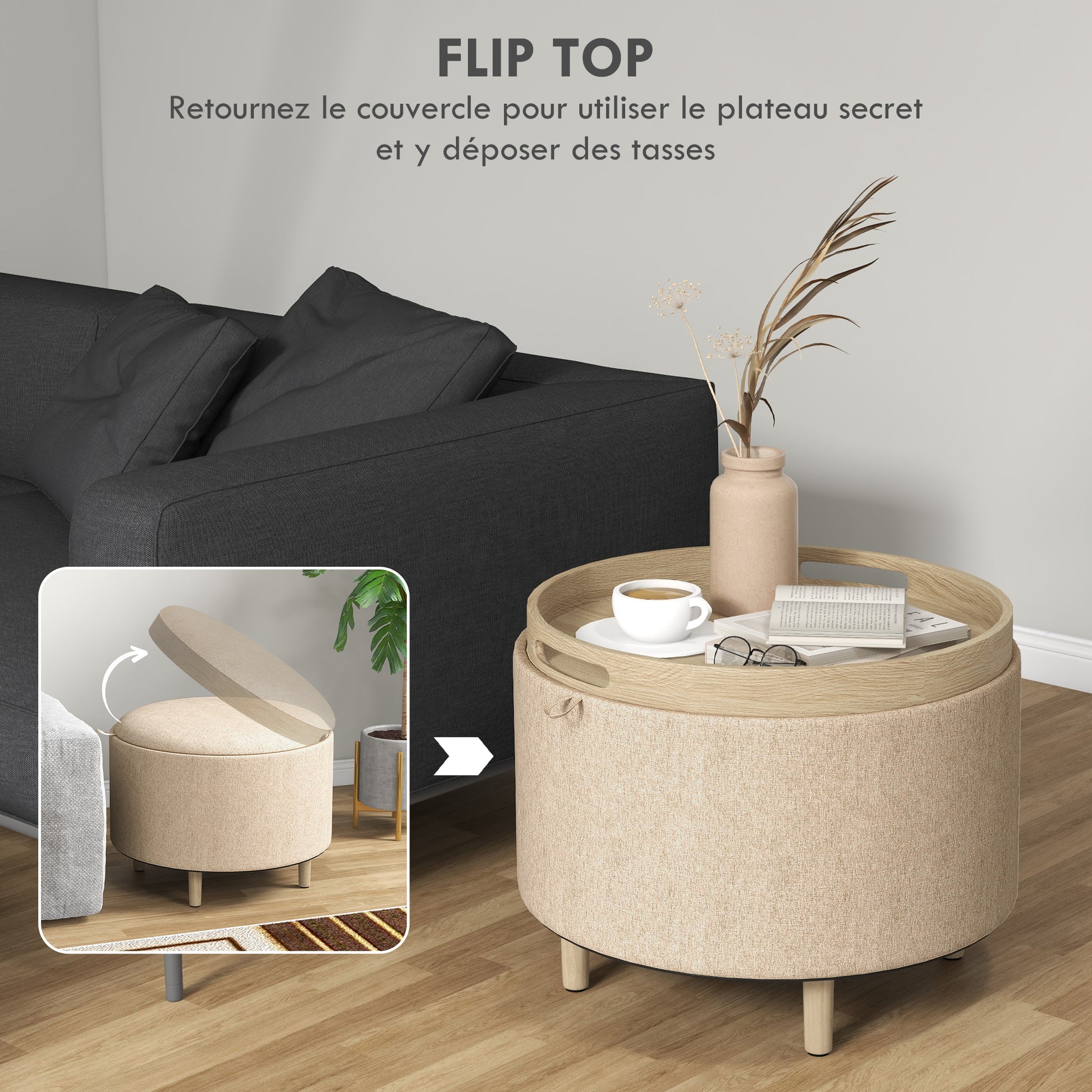 Round Ottoman Footstool with Storage Chest, Reversible Tray, 3 in 1 furniture, linen covering, solid wood legs, beige