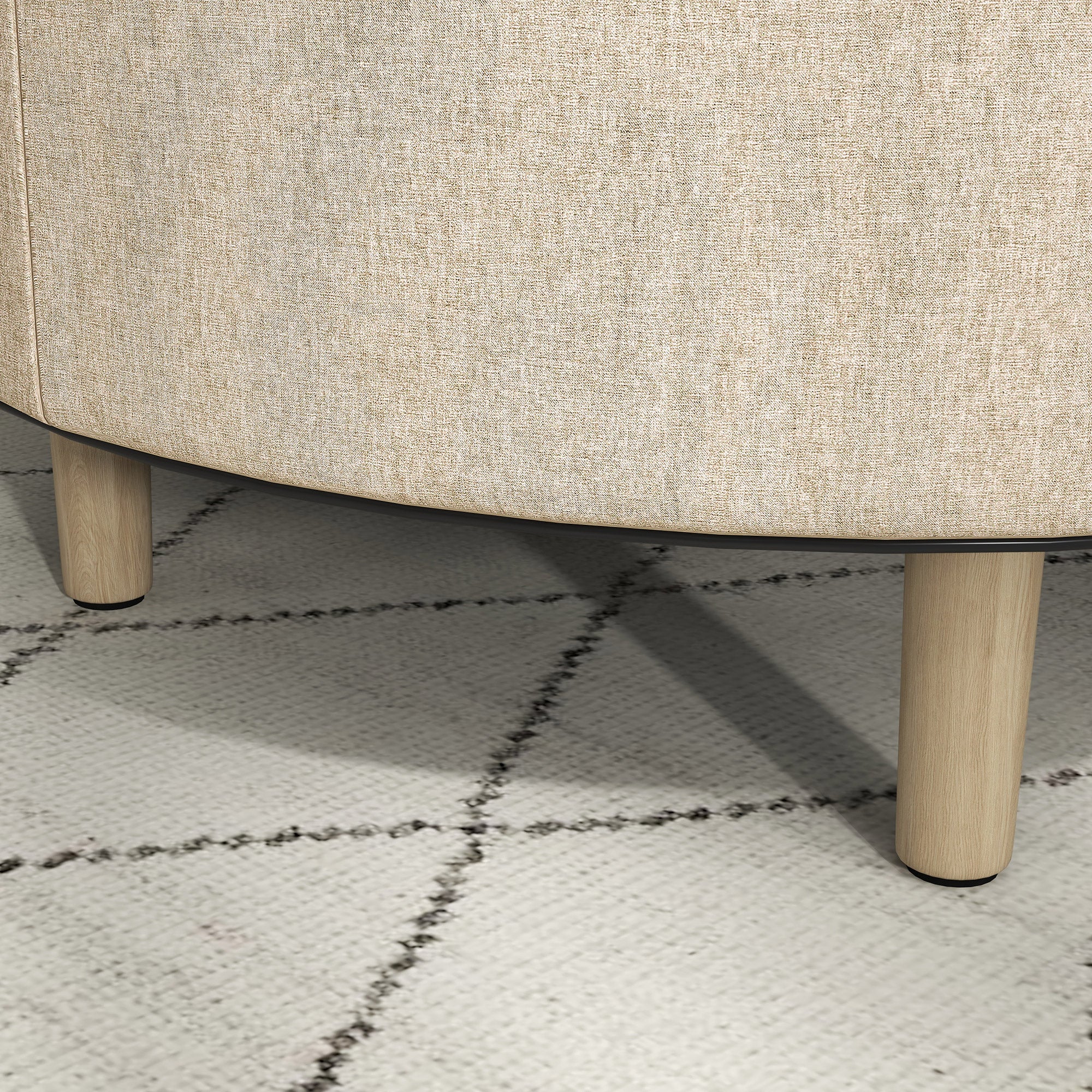 Round Ottoman Footstool with Storage Chest, Reversible Tray, 3 in 1 furniture, linen covering, solid wood legs, beige