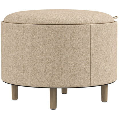 Round Ottoman Footstool with Storage Chest, Reversible Tray, 3 in 1 furniture, linen covering, solid wood legs, beige