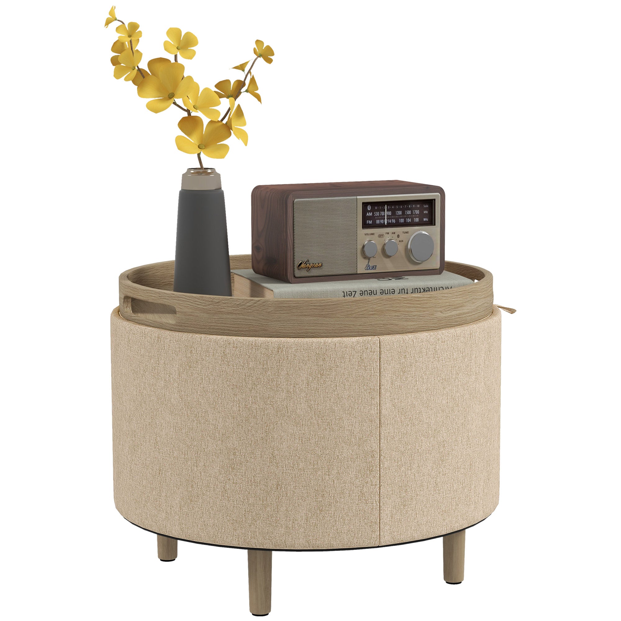 Round Ottoman Footstool with Storage Chest, Reversible Tray, 3 in 1 furniture, linen covering, solid wood legs, beige