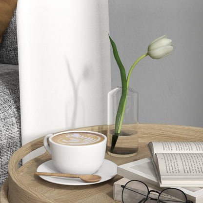 Round Ottoman Footstool with Storage Chest, Reversible Tray, 3 in 1 furniture, linen covering, solid wood legs, beige