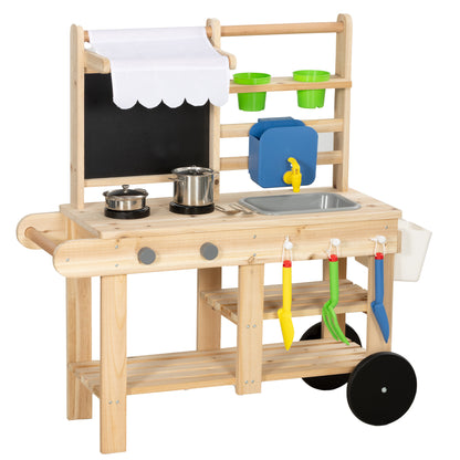 Outdoor Mud Kitchen for Kids — Wooden Play Kitchen with Real Faucet, Sink, Stove, Storage Shelf & Water Tank, Natural Wood — Ages 3+