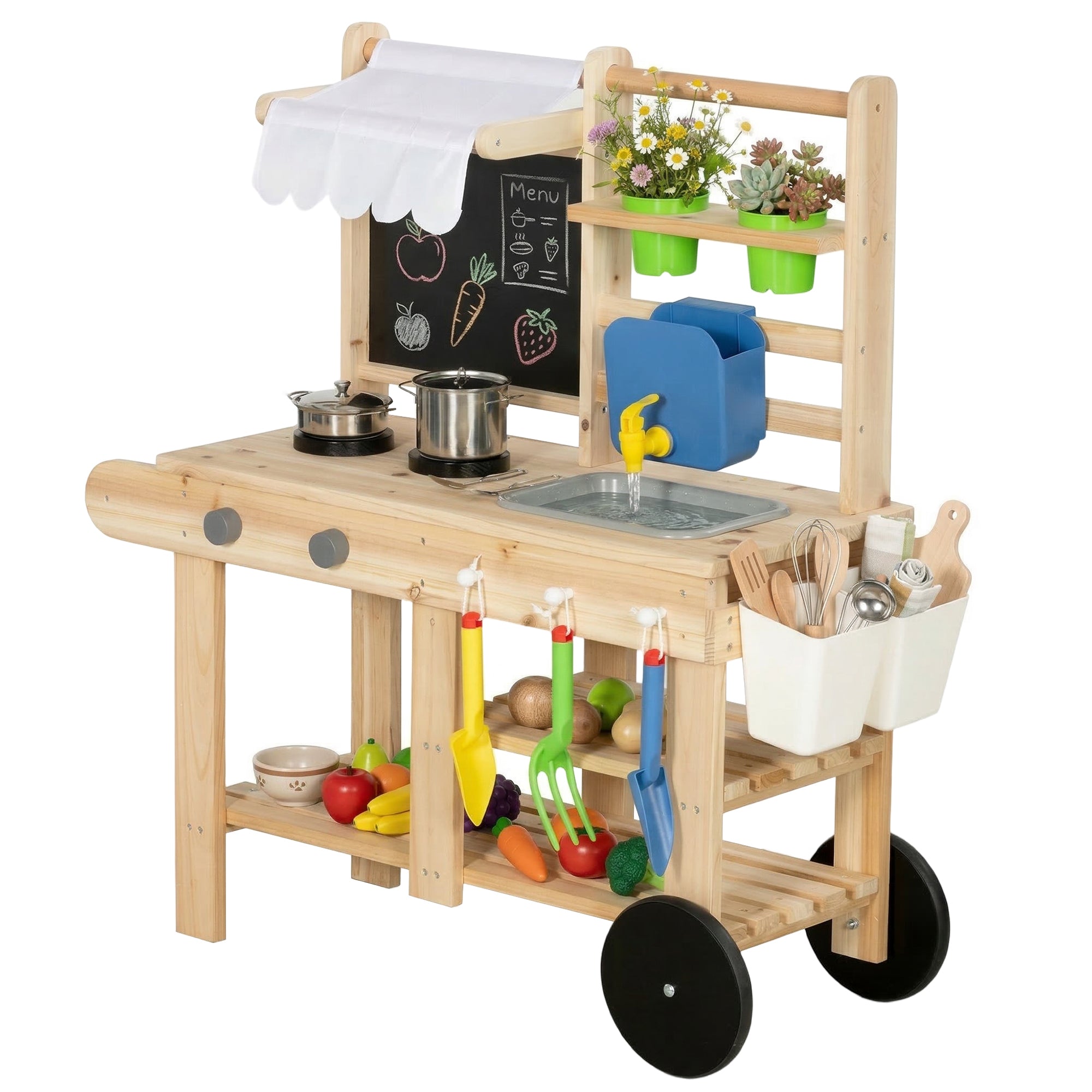 Outdoor Mud Kitchen for Kids — Wooden Play Kitchen with Real Faucet, Sink, Stove, Storage Shelf & Water Tank, Natural Wood — Ages 3+