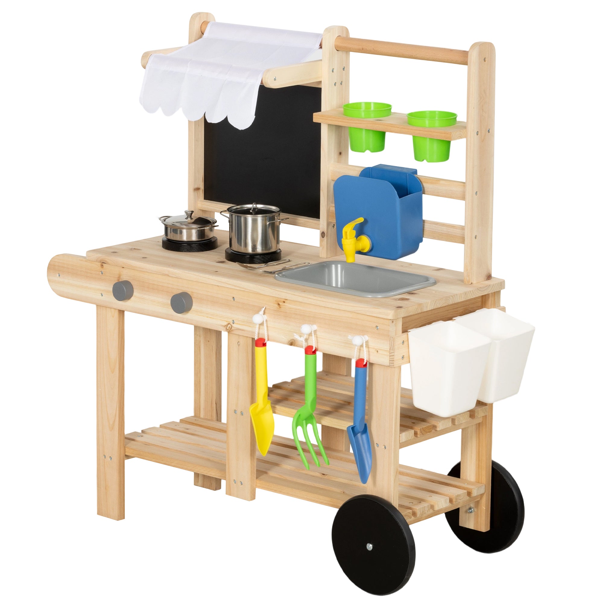 Outdoor Mud Kitchen for Kids — Wooden Play Kitchen with Real Faucet, Sink, Stove, Storage Shelf & Water Tank, Natural Wood — Ages 3+