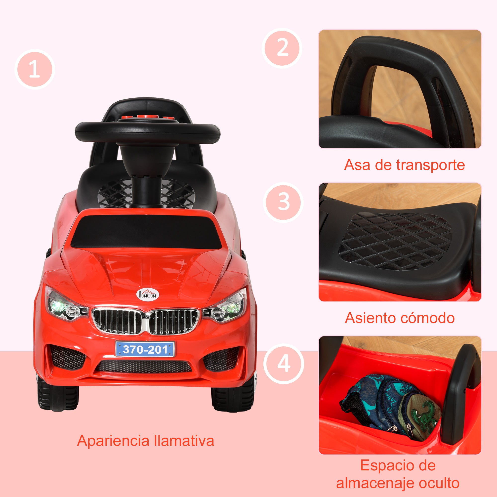 Ride-On Car for 18-36 Months Kids Ride-On Toy with Headlights, Music, Horn, Steering Wheel, Storage Space, and Push Handle 63.5x28x36 cm Red
