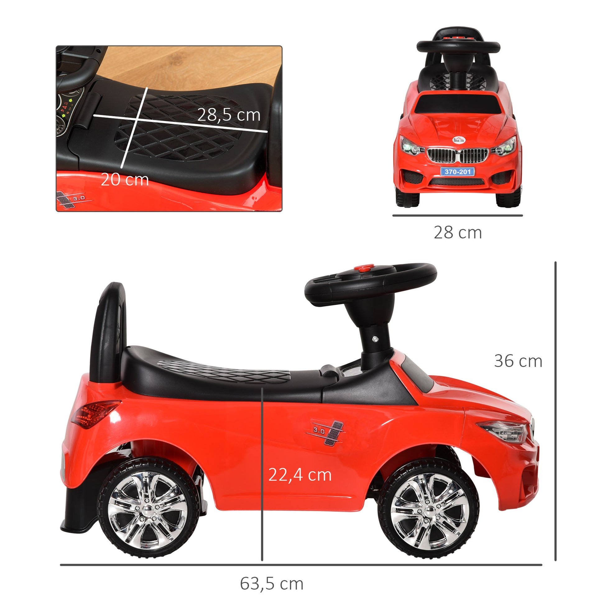 Ride-On Car for 18-36 Months Kids Ride-On Toy with Headlights, Music, Horn, Steering Wheel, Storage Space, and Push Handle 63.5x28x36 cm Red