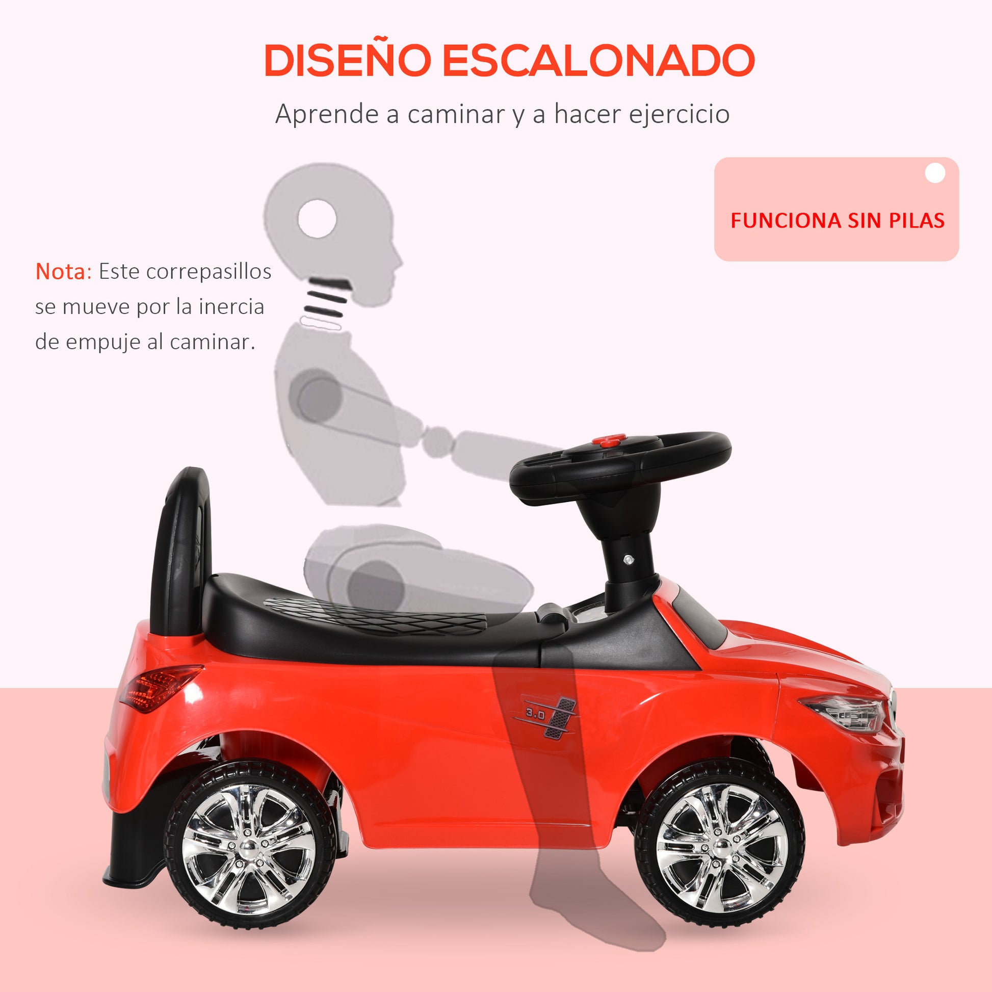 Ride-On Car for 18-36 Months Kids Ride-On Toy with Headlights, Music, Horn, Steering Wheel, Storage Space, and Push Handle 63.5x28x36 cm Red