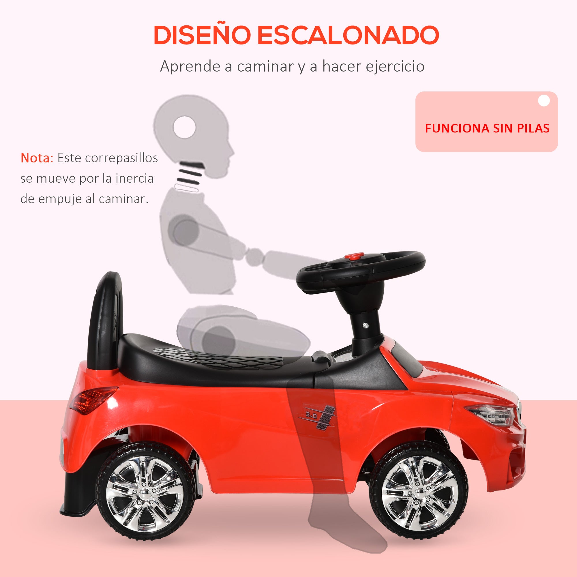 Ride-On Car for 18-36 Months Kids Ride-On Toy with Headlights, Music, Horn, Steering Wheel, Storage Space, and Push Handle 63.5x28x36 cm Red